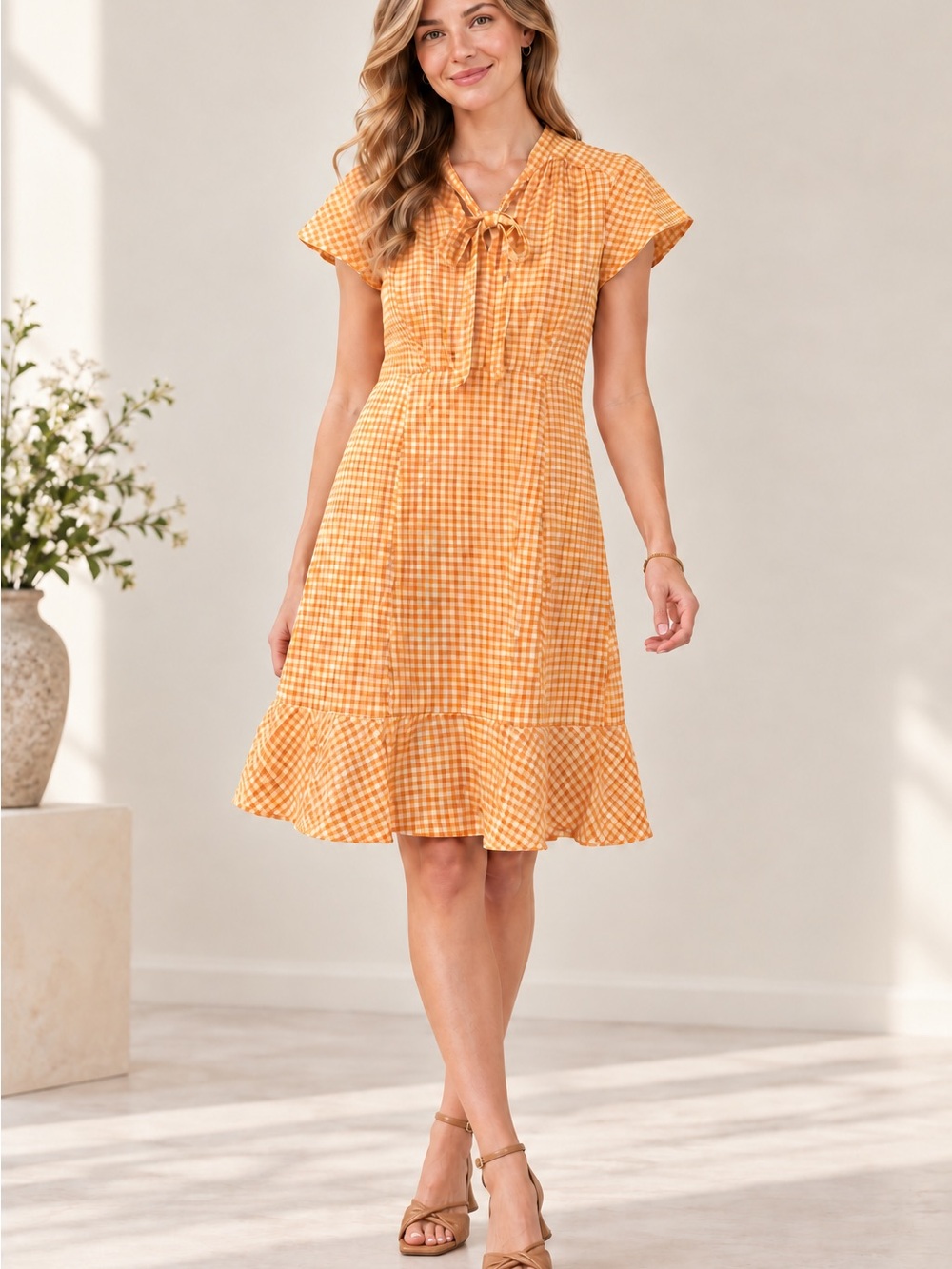 The Copper Key Gingham Ruffle Dress Size 8 Tangerine Yellow NWT